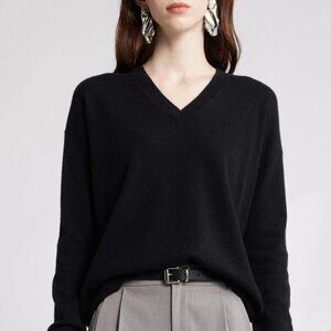 Nordstrom V-Neck Cashmere Sweater Relaxed Fit in Black Rock Size L NWT $149